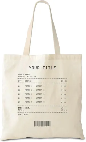 Hyturtle Personalized Playlist Receipt Canvas Tote Bags, Gifts For Women Music Lover Musician On Birthday Music Festival