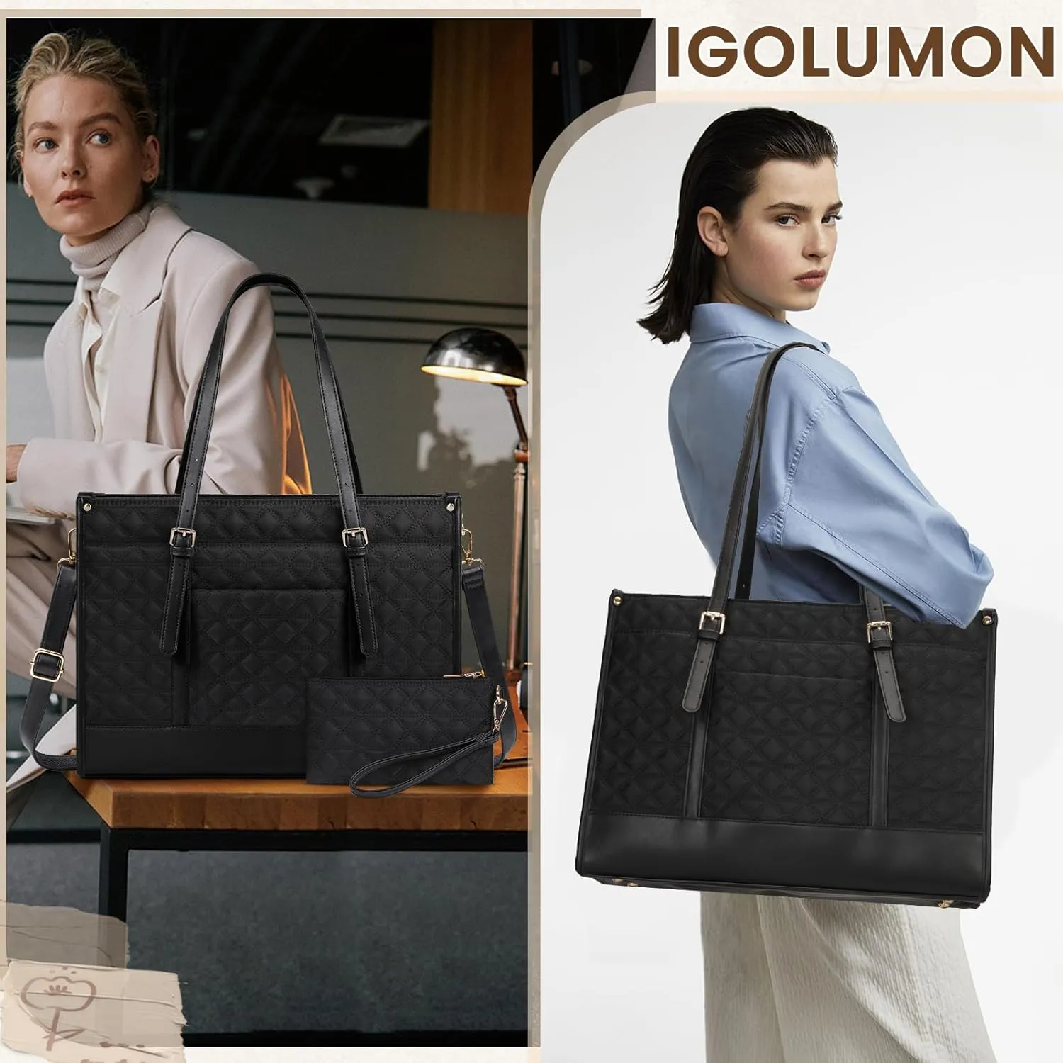 IGOLUMON Laptop Bag for Women 15.6 Inch Vegan Leather Work Tote Bag Quilted Womens Briefcase Designer Laptop Bags for Office Teacher College Cute Computer Bag with Clutch Purse Professional Black