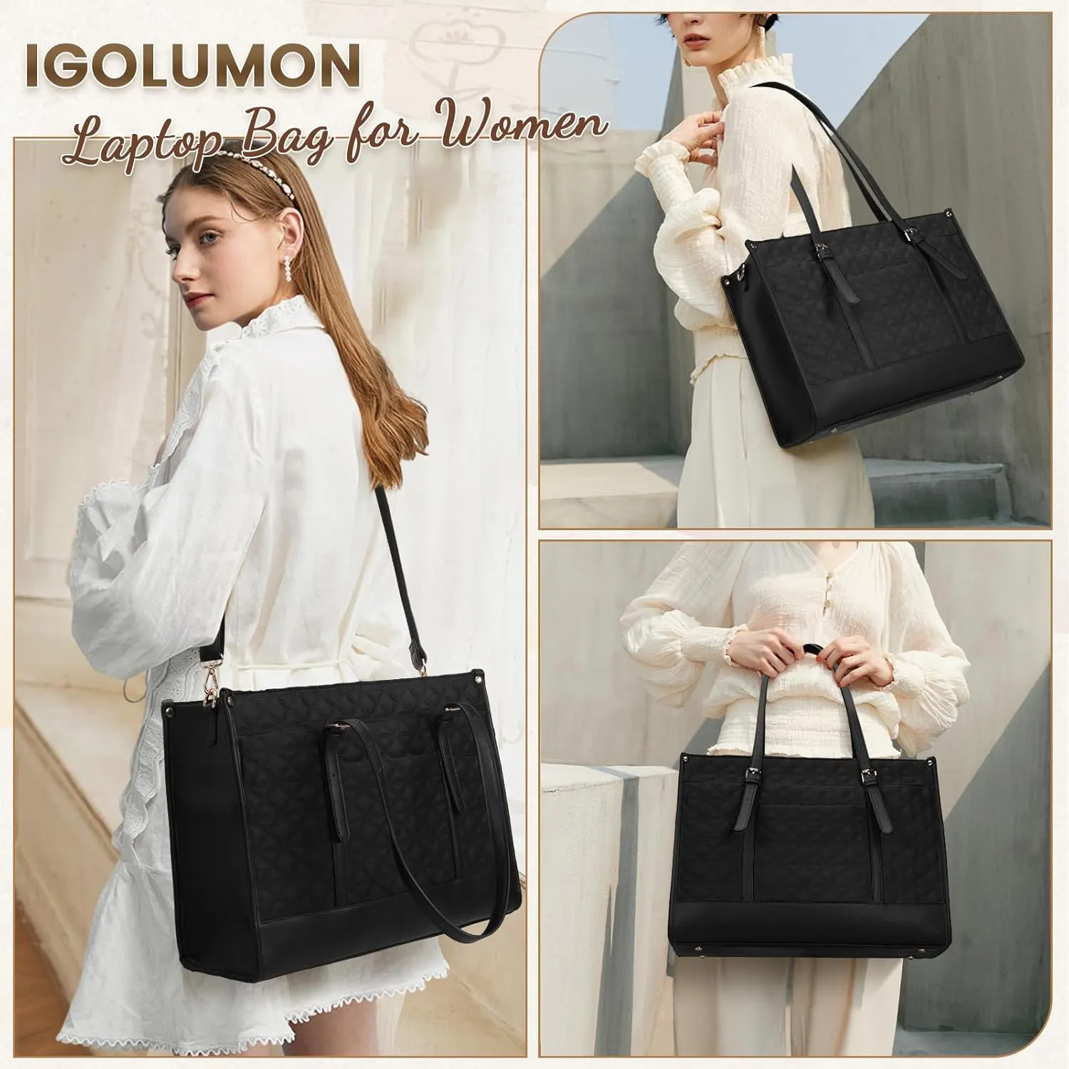 IGOLUMON Laptop Bag for Women 15.6 Inch Vegan Leather Work Tote Bag Quilted Womens Briefcase Designer Laptop Bags for Office Teacher College Cute Computer Bag with Clutch Purse Professional Black