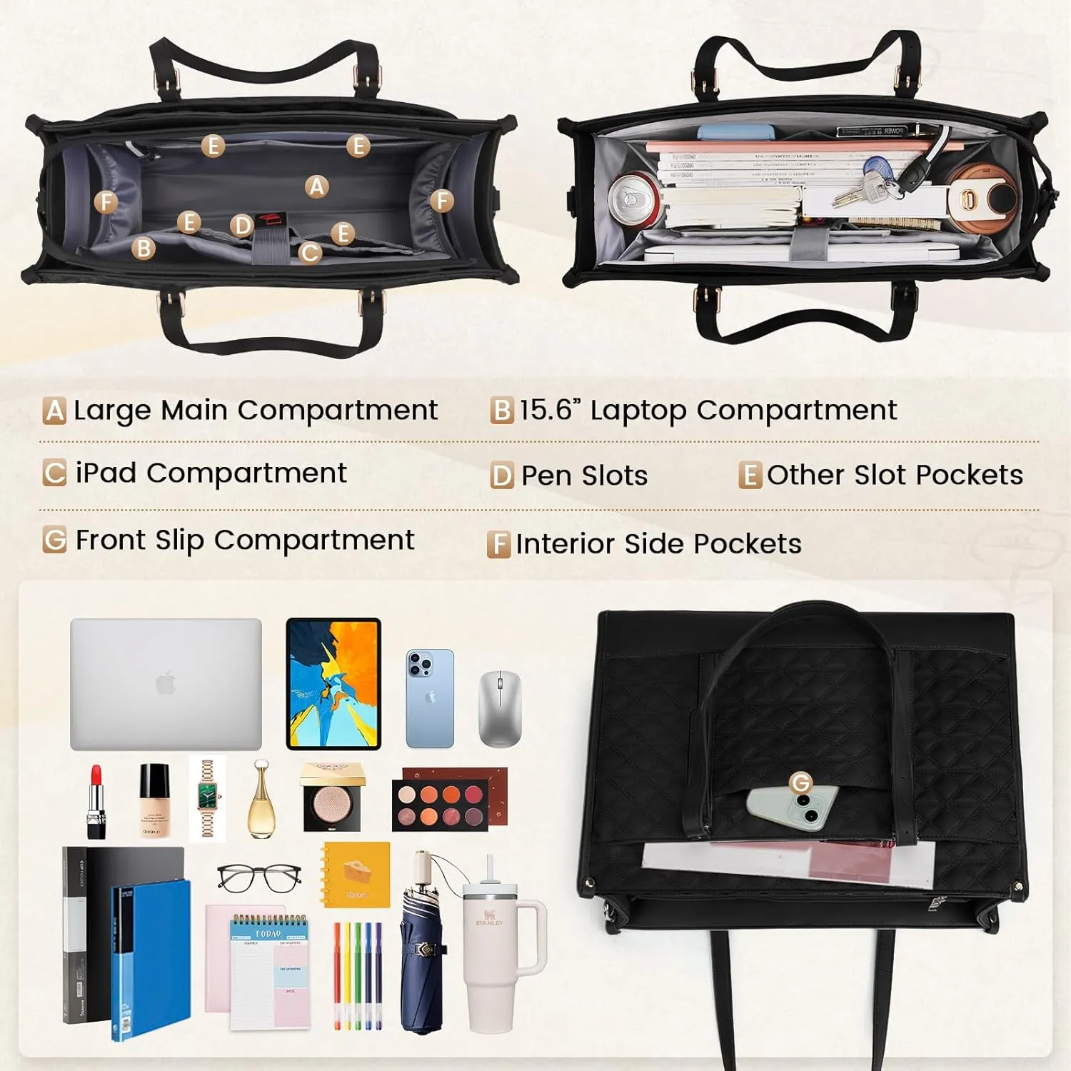 IGOLUMON Laptop Bag for Women 15.6 Inch Vegan Leather Work Tote Bag Quilted Womens Briefcase Designer Laptop Bags for Office Teacher College Cute Computer Bag with Clutch Purse Professional Black