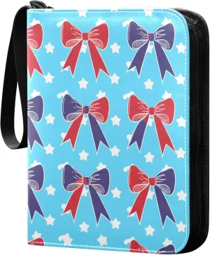 Independence Day Bows and Stars Card Binder 4 Pocket Collectible Trading Card Albums with 50 Sleeves Double Side PU Waterproof 3 Ring for Sports & Game Cards