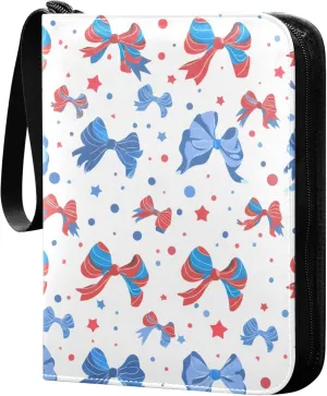 Independence Day Bows and Stars Card Binder 4 Pocket Collectible Trading Card Albums with 50 Sleeves Double Side PU Waterproof 3 Ring for Sports & Game Cards