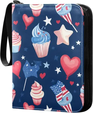 Independence Day Food and Stars Card Binder 4 Pocket Collectible Trading Card Albums with 50 Sleeves Double Side PU Waterproof 3 Ring for Sports & Game Cards