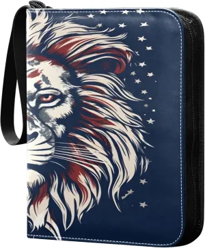 Independence Day Lion Head Card Binder 4 Pocket Collectible Trading Card Albums with 50 Sleeves Double Side PU Waterproof 3 Ring for Sports & Game Cards