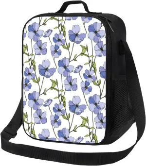 Insulated Lunch Bags for Women Men Work - Blue flax flowers Adult Lunch Box for Women Men, Soft Cooler Bag Insulated, Small Lunch Tote Bag with Adjustable Shoulder Strap