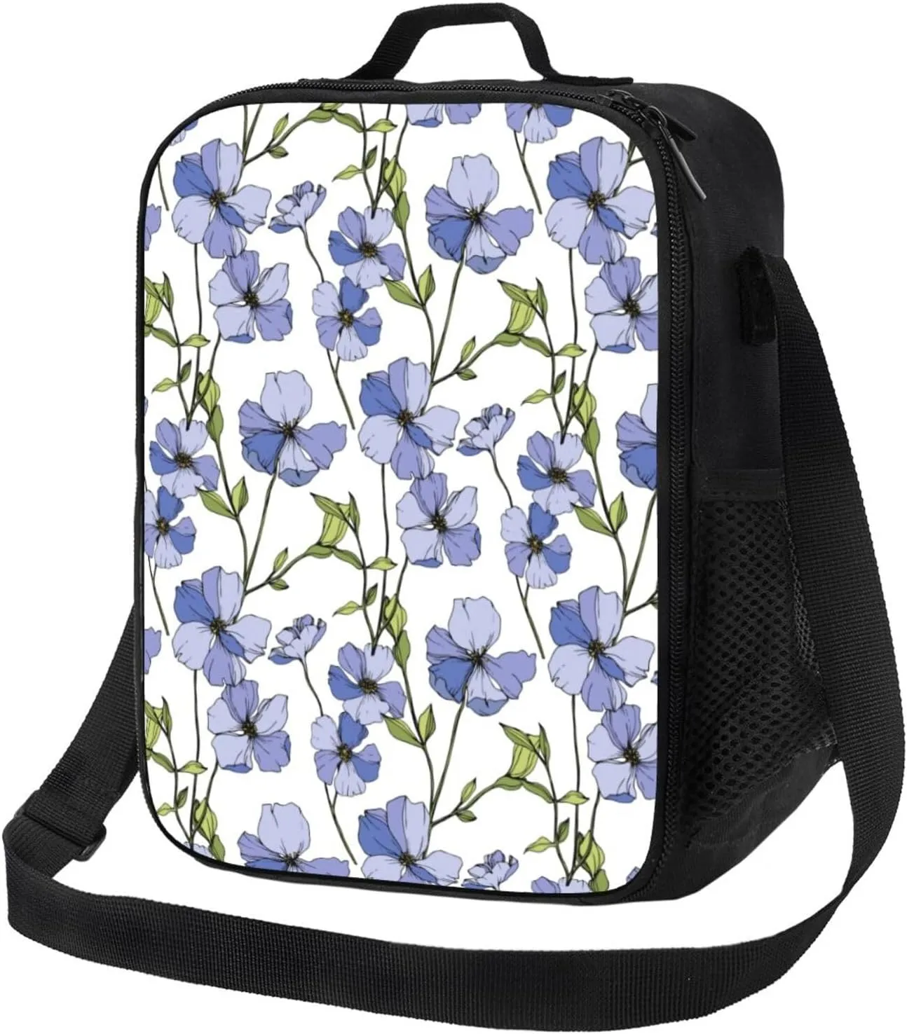 Insulated Lunch Bags for Women Men Work - Blue flax flowers Adult Lunch Box for Women Men, Soft Cooler Bag Insulated, Small Lunch Tote Bag with Adjustable Shoulder Strap