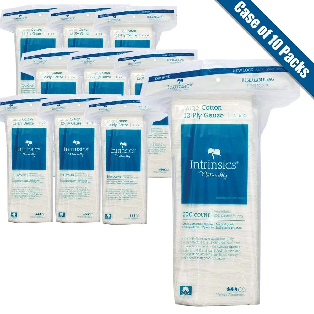 Intrinsics 12-Ply Gauze Pads - Large - 4" X 4" - Med-Esthetic&reg; 100% Naturelle Cotton / 200 Count per Resealable Bag X 10 Bags = Case of 2,000 12-Ply Gauze Pads