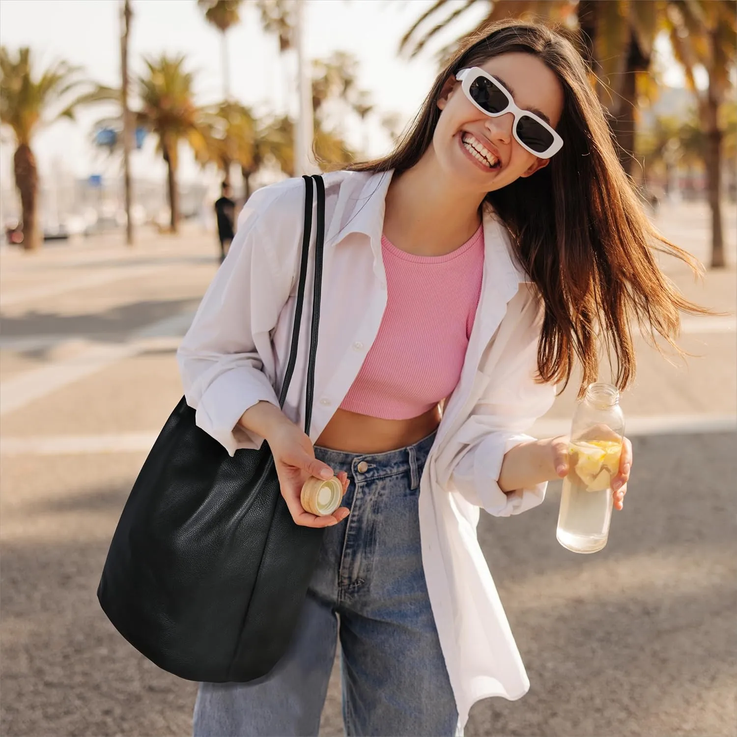 Iswee Genuine Leather Tote Bucket Bags Hobo Shoulder Bags Purse and Handbags for Women Trendy