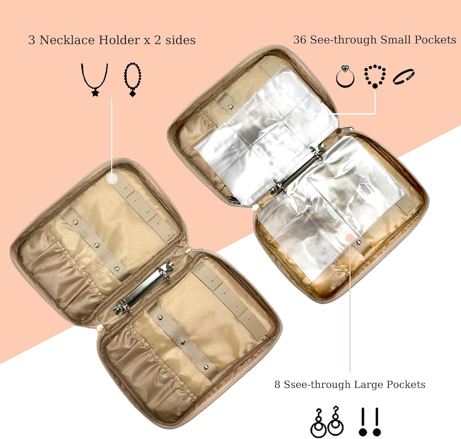 Jewelry Travel Organizer Case Portable Transparent Jewelry Storage Book Ring Binder w/Clear Pockets Zipper Pouch Bag Jewelry Rolls for Necklaces Earrings Rings Bracelet, Black