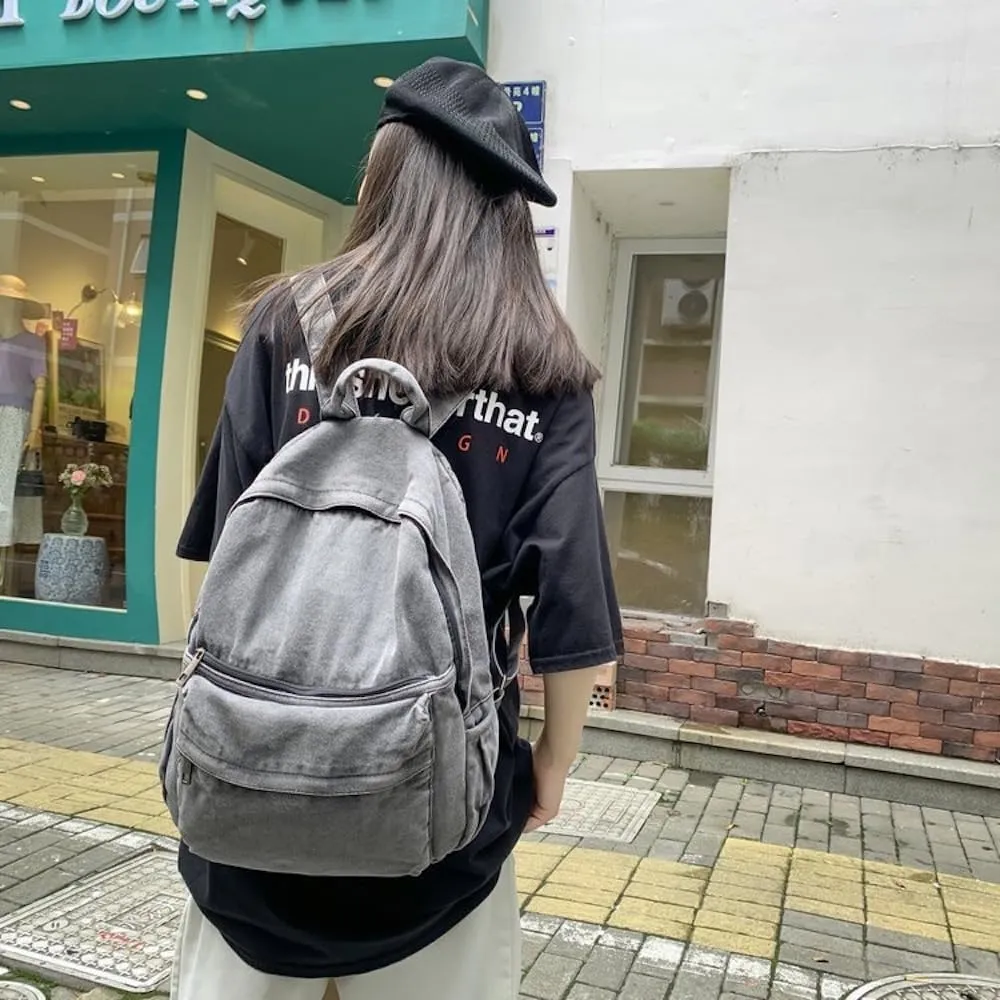 JHTPSLR Preppy Backpack Denim Backpack Vintage Aesthetic Backpack Cowboy Backpack Solid Denim Book Bags Casual Daypack Backpack Supplies (Smoke Grey)