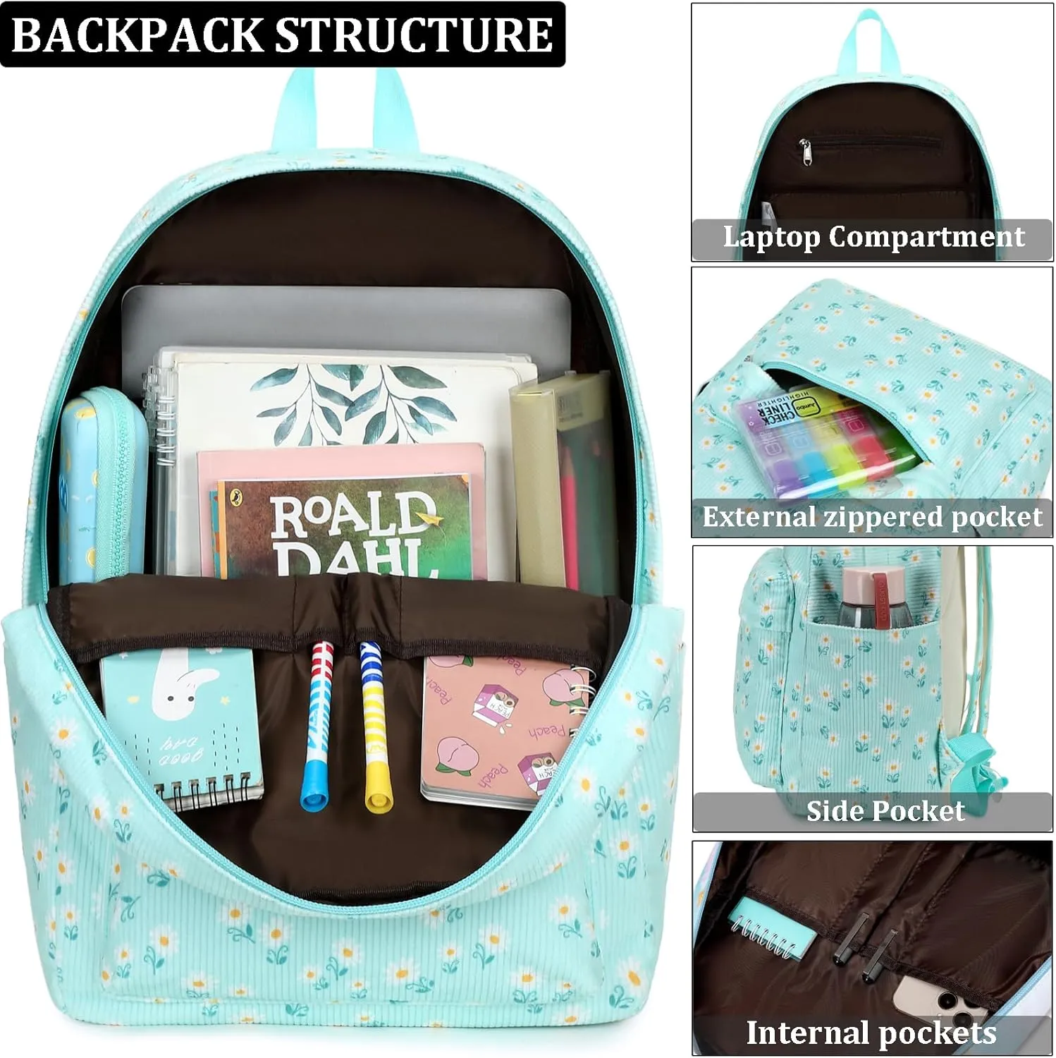 JIANYA Daisy Backpack for Girls - Lightweight Kids School Book Bag with Lunch Box
