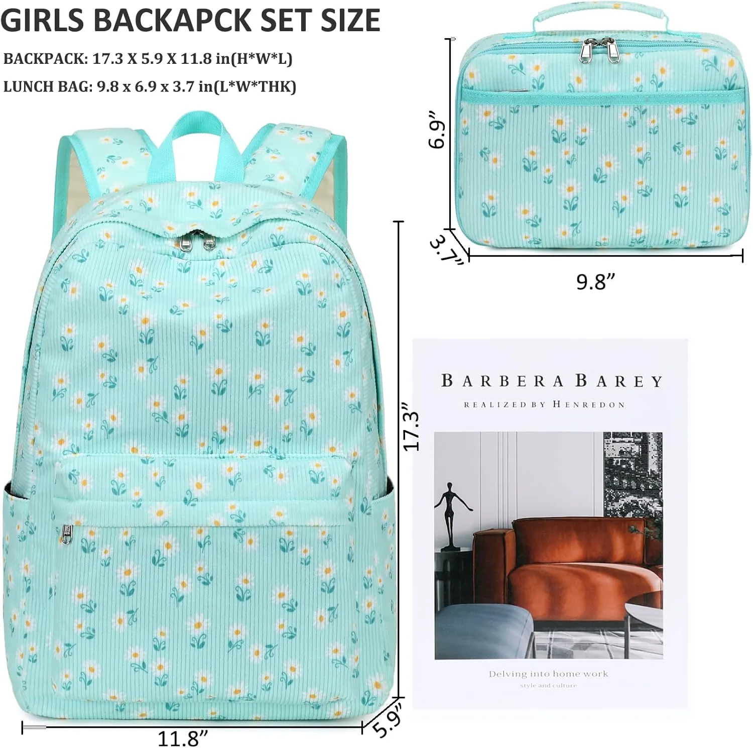 JIANYA Daisy Backpack for Girls - Lightweight Kids School Book Bag with Lunch Box