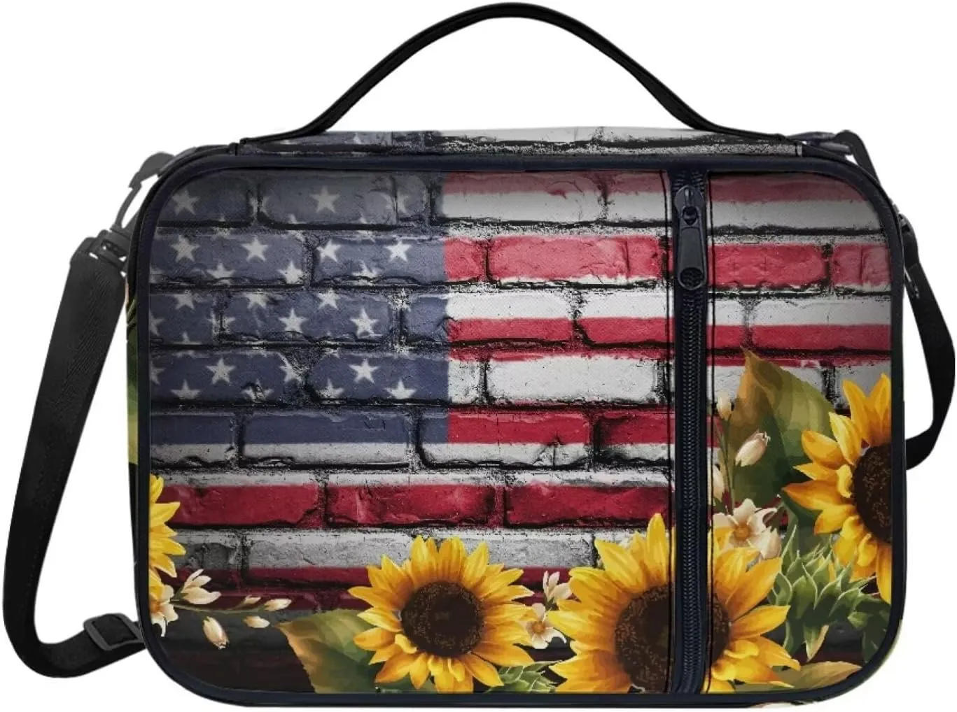 Jiquruby USA Flag Sunflower Bible Bags and Totes for Women, Bible Cover with Shoulder Strap, Bible Cover Case with Handle, Carrying Bookcase Church Bag, Bible Protective Case