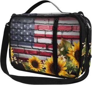 Jiquruby USA Flag Sunflower Bible Bags and Totes for Women, Bible Cover with Shoulder Strap, Bible Cover Case with Handle, Carrying Bookcase Church Bag, Bible Protective Case