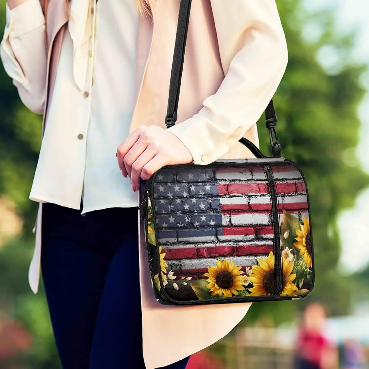 Jiquruby USA Flag Sunflower Bible Bags and Totes for Women, Bible Cover with Shoulder Strap, Bible Cover Case with Handle, Carrying Bookcase Church Bag, Bible Protective Case