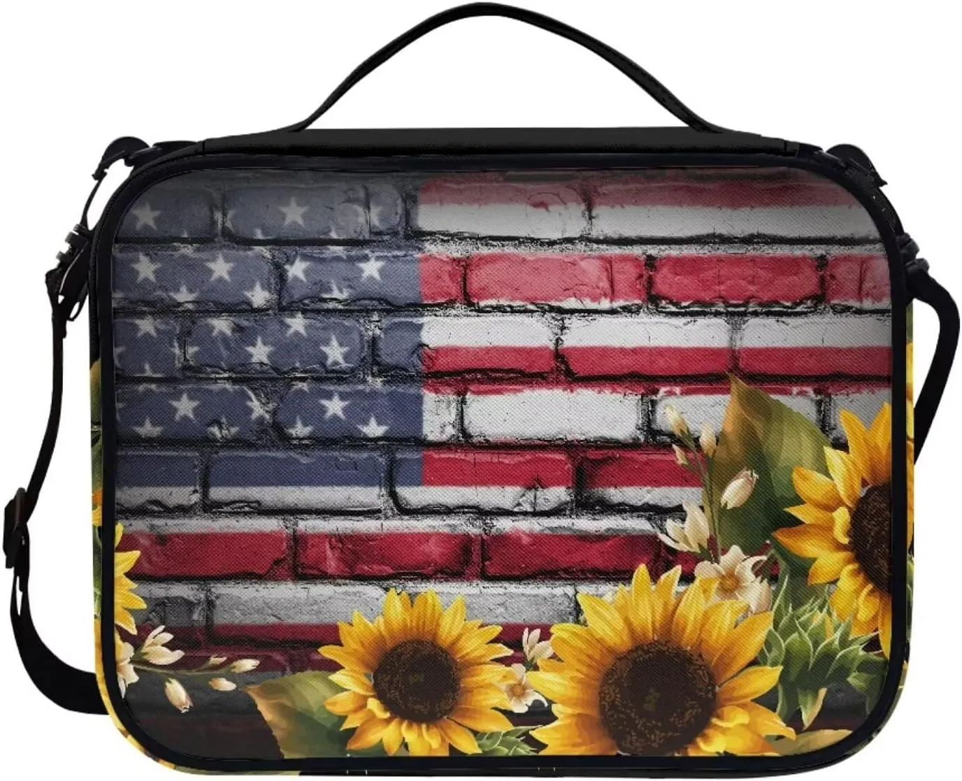Jiquruby USA Flag Sunflower Bible Bags and Totes for Women, Bible Cover with Shoulder Strap, Bible Cover Case with Handle, Carrying Bookcase Church Bag, Bible Protective Case