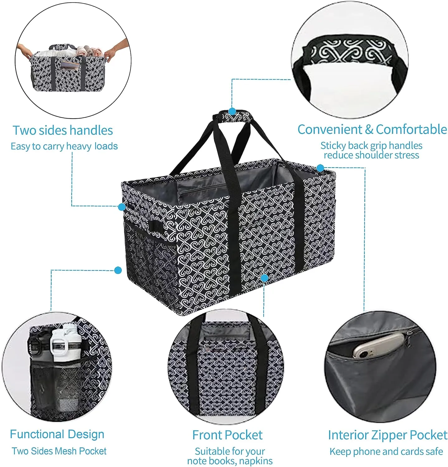 Joyfol Day Extra Large Utility Tote Bag, Reusable Grocery Bags Foldable,Upgraded Metal Frame, With Sturdy Handles Reinforced Bottom Heavy Duty Oxford Fabric Moving Shopping Bags, Heart Black