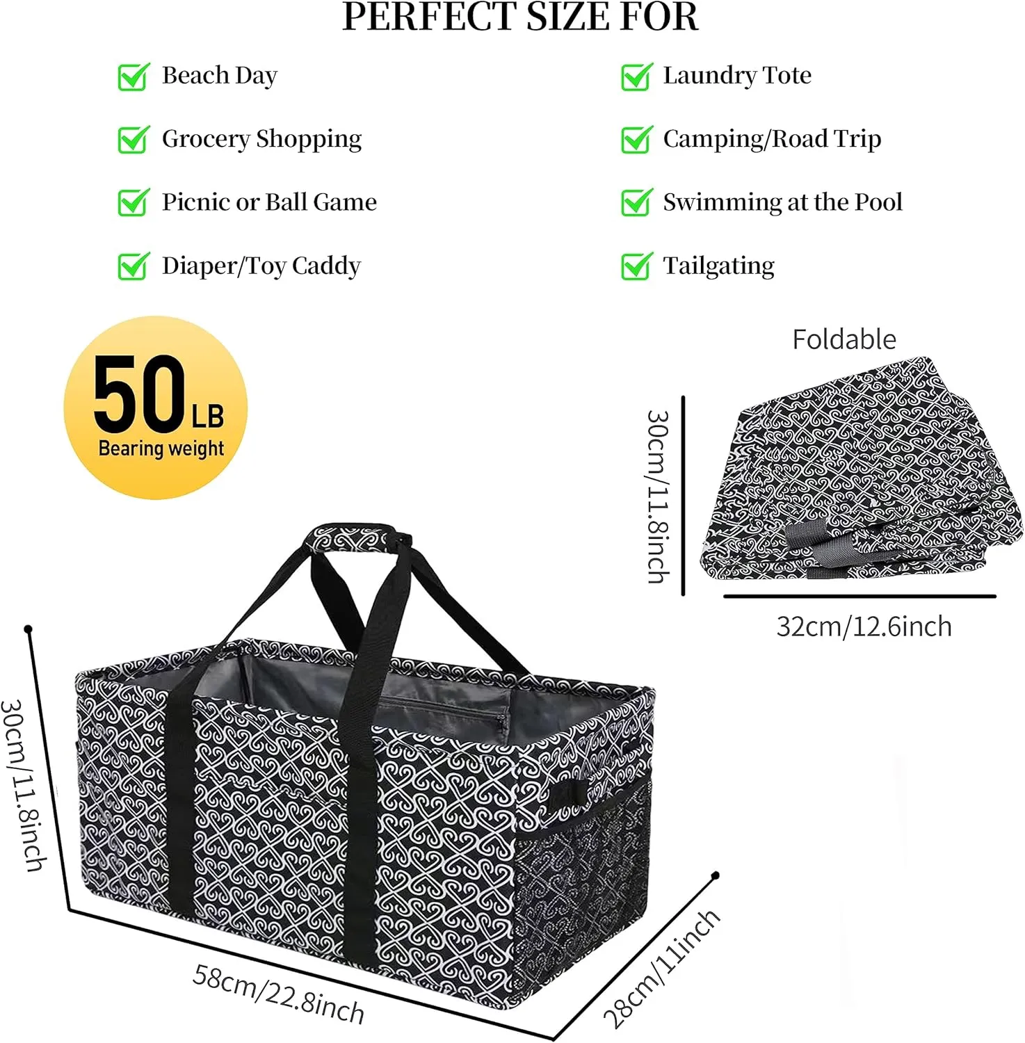 Joyfol Day Extra Large Utility Tote Bag, Reusable Grocery Bags Foldable,Upgraded Metal Frame, With Sturdy Handles Reinforced Bottom Heavy Duty Oxford Fabric Moving Shopping Bags, Heart Black