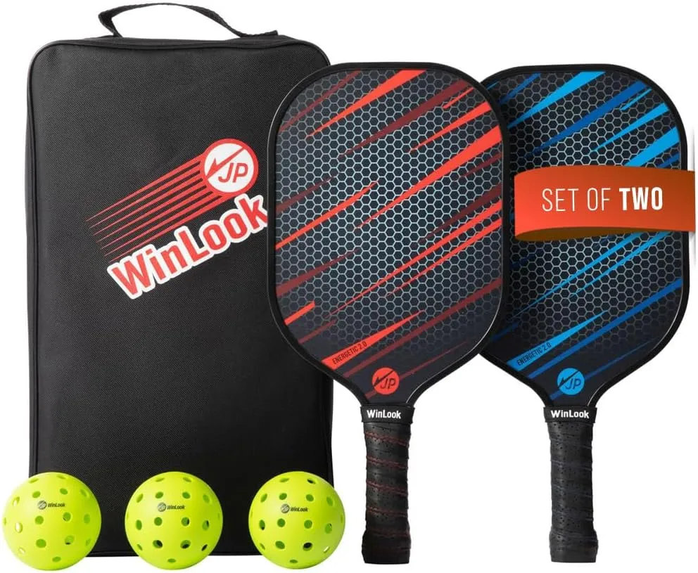 JP WinLook Premium Pickleball Paddles Set of 2 – Fiberglass Pickle Ball Rackets - for Women & Men - for Indoor or Outdoor - Professional Pickleball Racquets, Pickleballs, Bags & Equipment