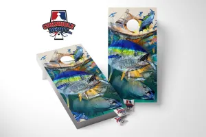 Jumping Tuna Fishes Boat Cornhole Board Vinyl Wrap Skins Laminated Set Decal, Neutral