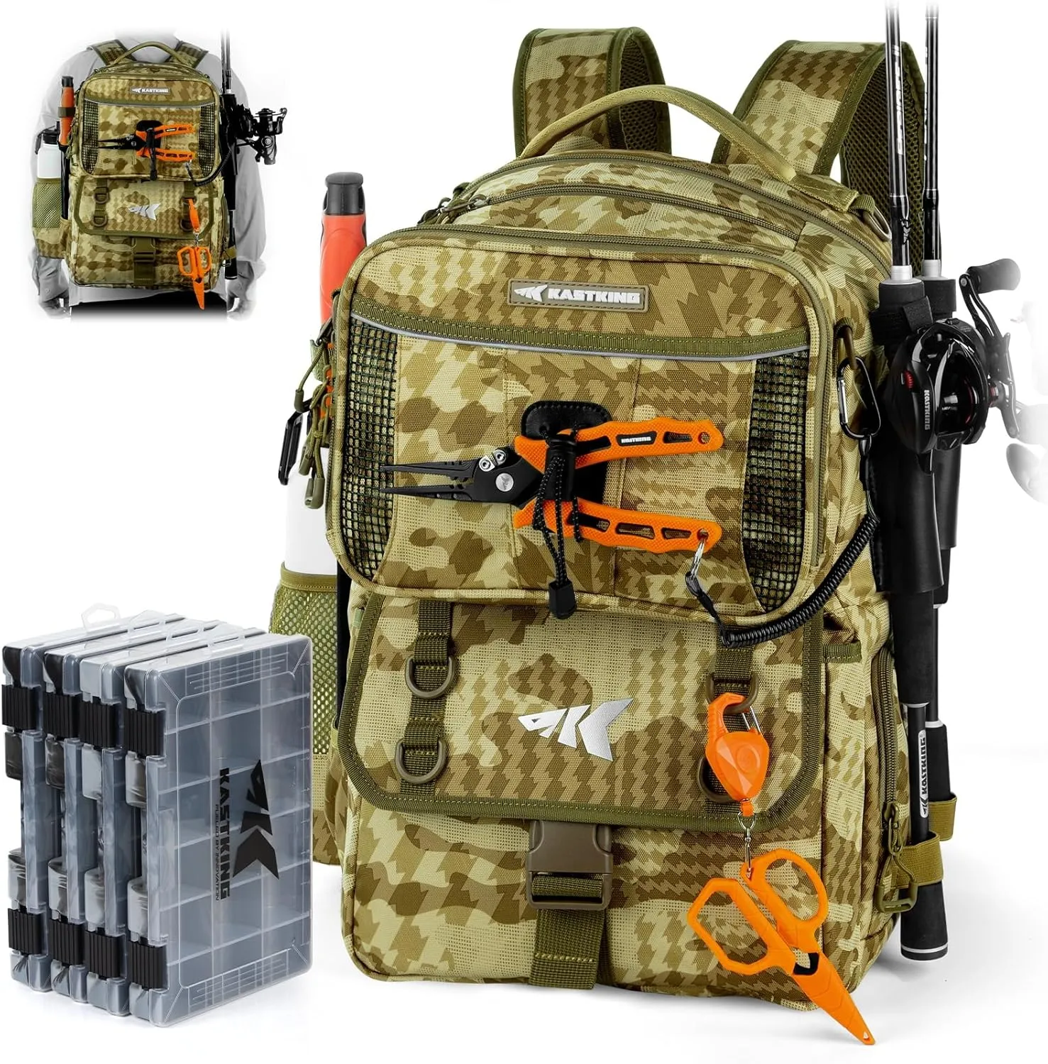 KastKing BaitSpace 50L Fishing Tackle Backpack with Removable Bait Binder & 4 Tackle Boxes, Rod Holders Storage Fishing Gear