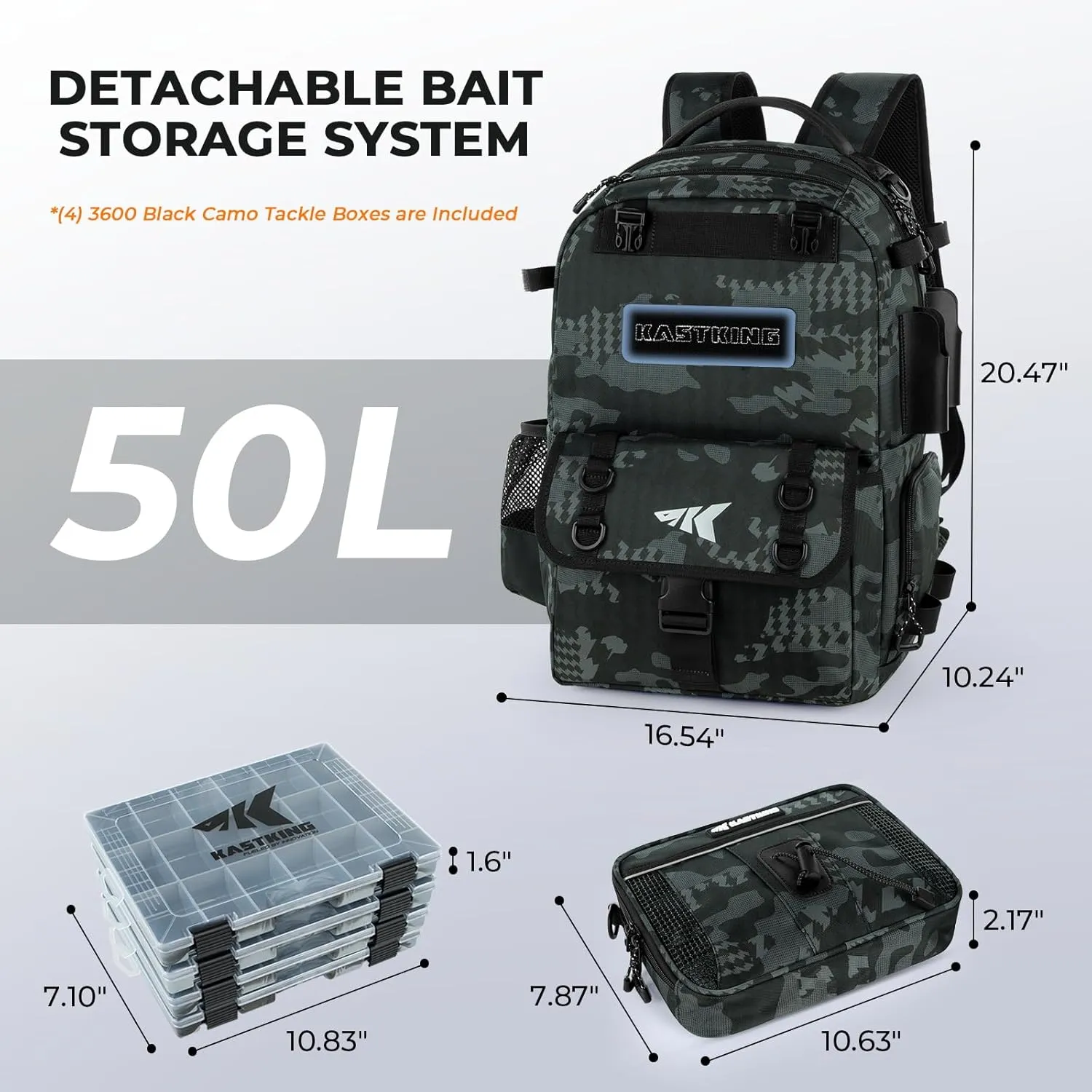 KastKing BaitSpace 50L Fishing Tackle Backpack with Removable Bait Binder & 4 Tackle Boxes, Rod Holders Storage Fishing Gear