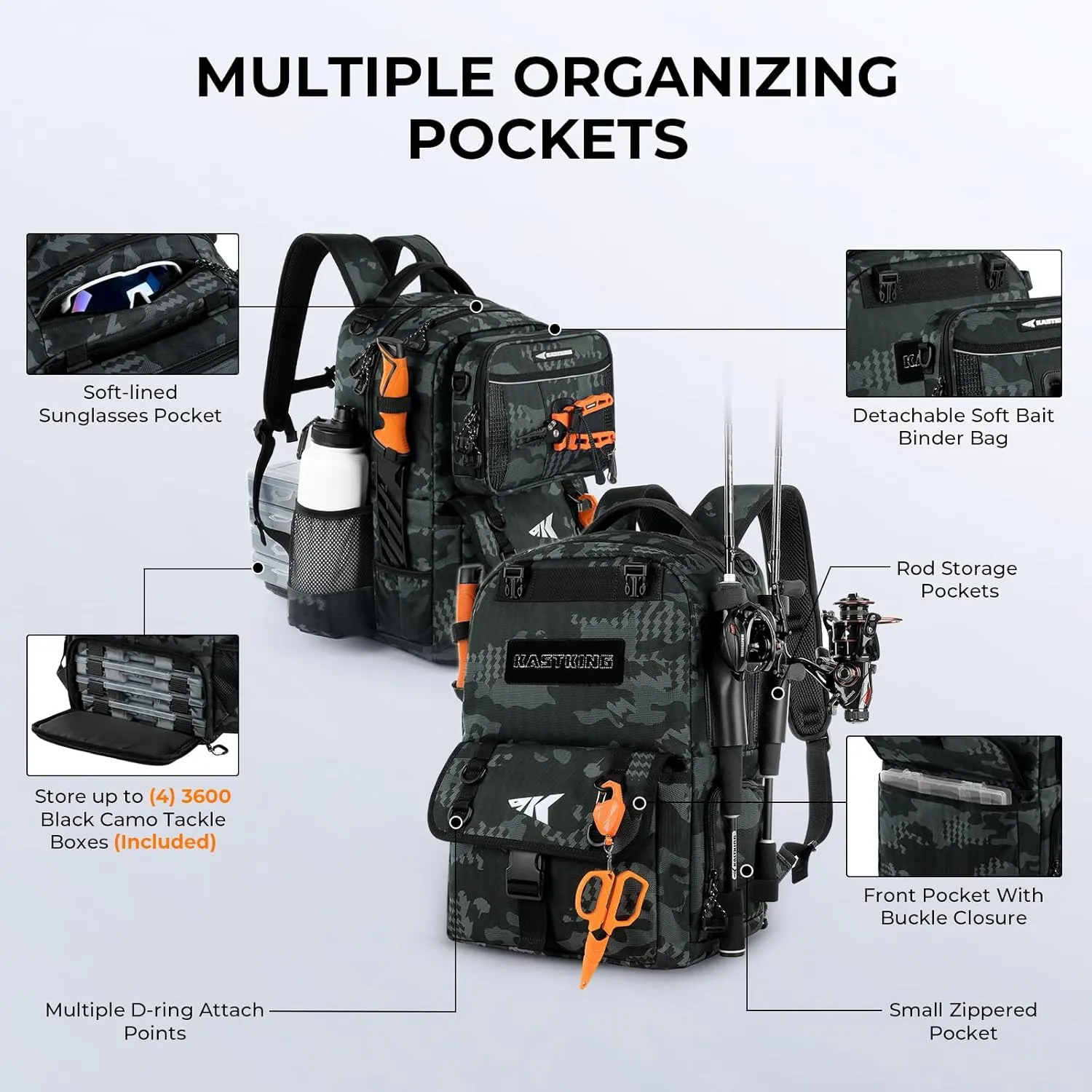 KastKing BaitSpace 50L Fishing Tackle Backpack with Removable Bait Binder & 4 Tackle Boxes, Rod Holders Storage Fishing Gear