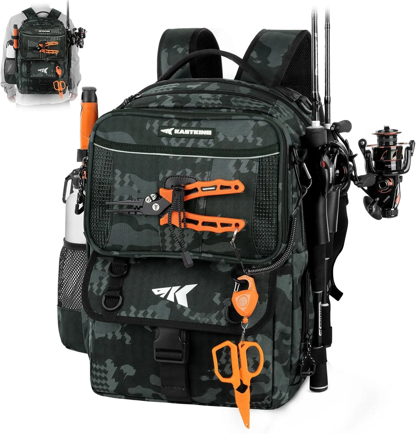 KastKing BaitSpace 50L Fishing Tackle Backpack with Removable Bait Binder & 4 Tackle Boxes, Rod Holders Storage Fishing Gear