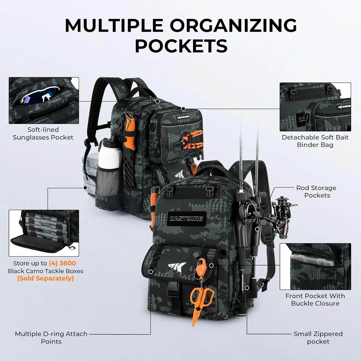 KastKing BaitSpace 50L Fishing Tackle Backpack with Removable Bait Binder & 4 Tackle Boxes, Rod Holders Storage Fishing Gear