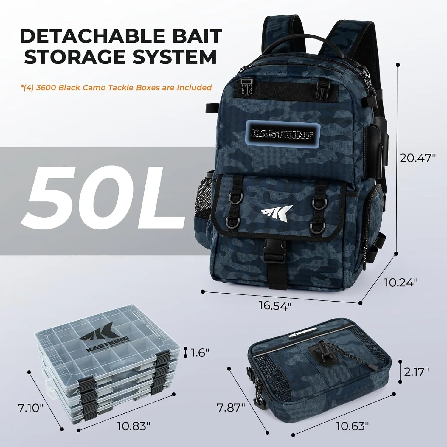 KastKing BaitSpace 50L Fishing Tackle Backpack with Removable Bait Binder & 4 Tackle Boxes, Rod Holders Storage Fishing Gear