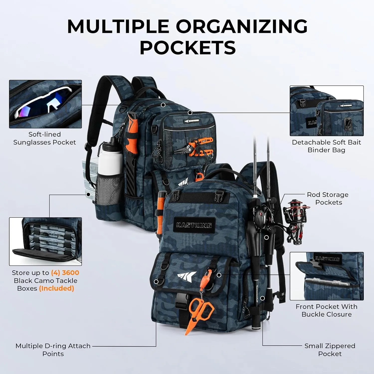 KastKing BaitSpace 50L Fishing Tackle Backpack with Removable Bait Binder & 4 Tackle Boxes, Rod Holders Storage Fishing Gear