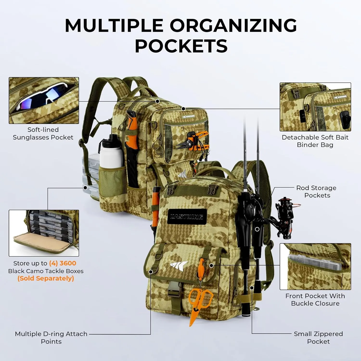 KastKing BaitSpace 50L Fishing Tackle Backpack with Removable Bait Binder & 4 Tackle Boxes, Rod Holders Storage Fishing Gear