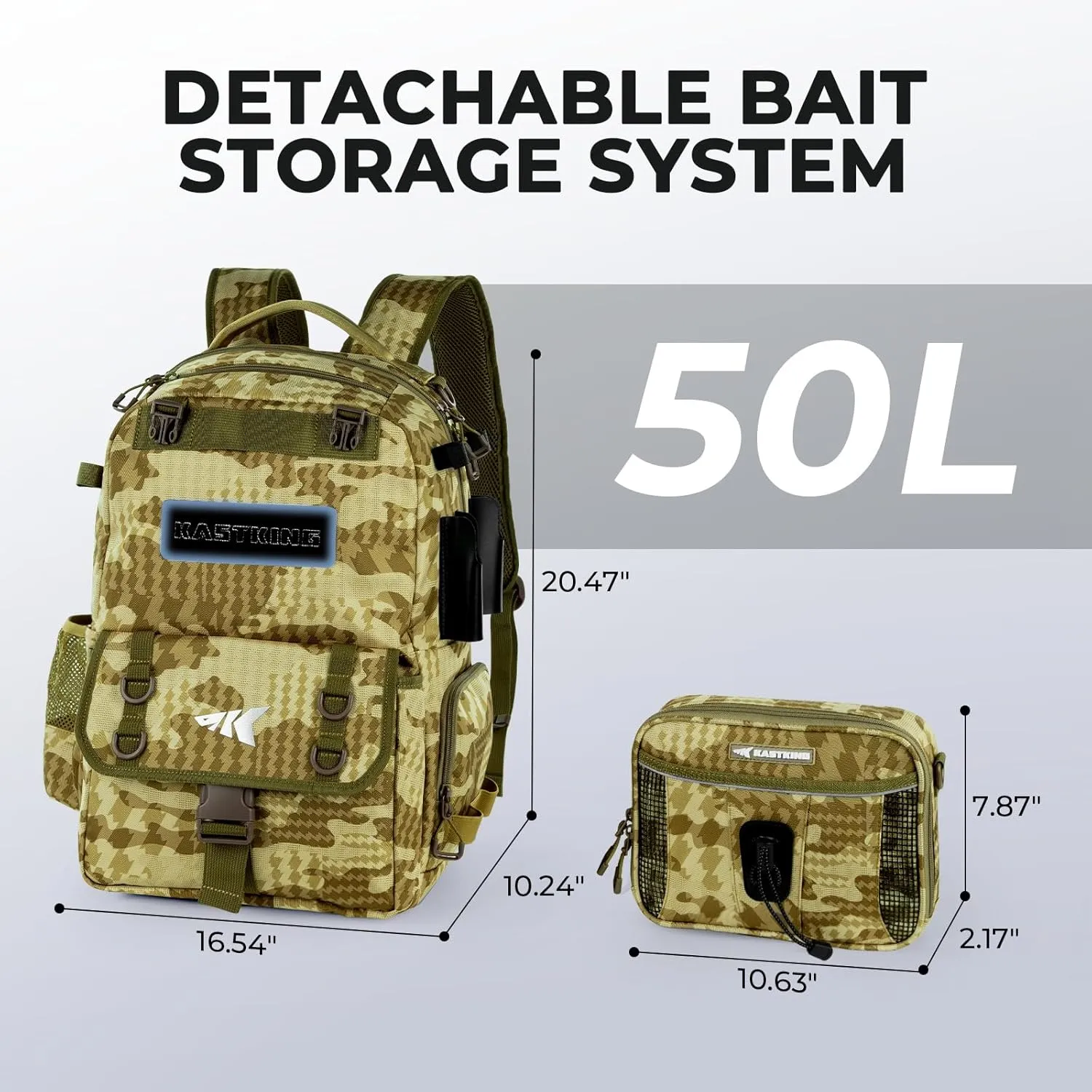 KastKing BaitSpace 50L Fishing Tackle Backpack with Removable Bait Binder & 4 Tackle Boxes, Rod Holders Storage Fishing Gear