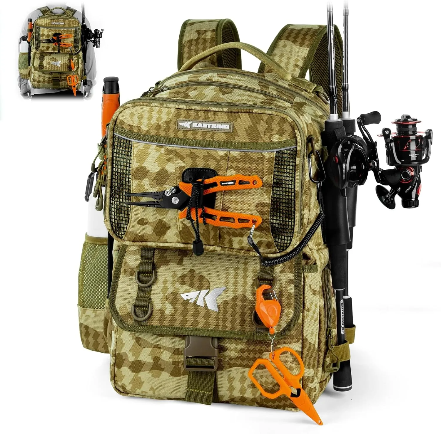 KastKing BaitSpace 50L Fishing Tackle Backpack with Removable Bait Binder & 4 Tackle Boxes, Rod Holders Storage Fishing Gear