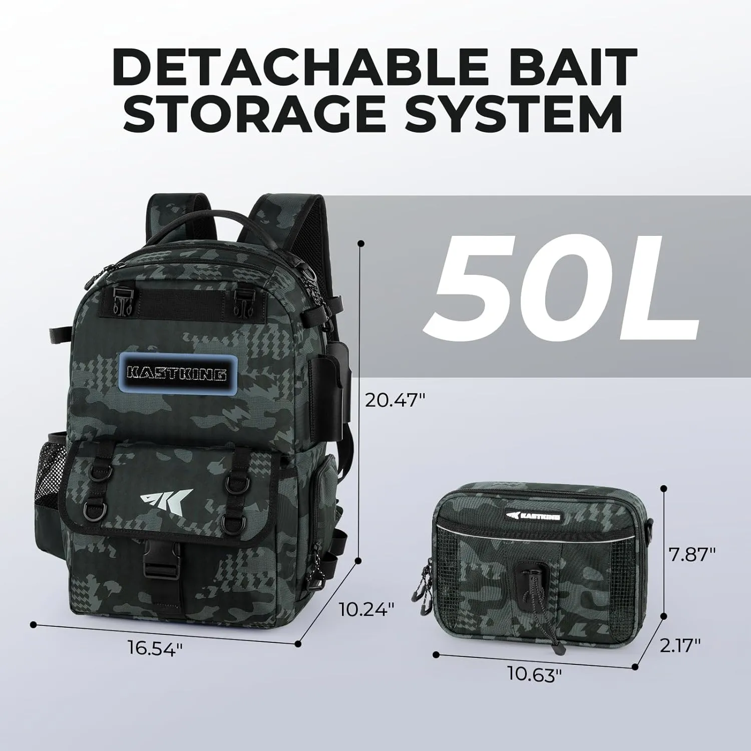 KastKing BaitSpace 50L Fishing Tackle Backpack with Removable Bait Binder & 4 Tackle Boxes, Rod Holders Storage Fishing Gear
