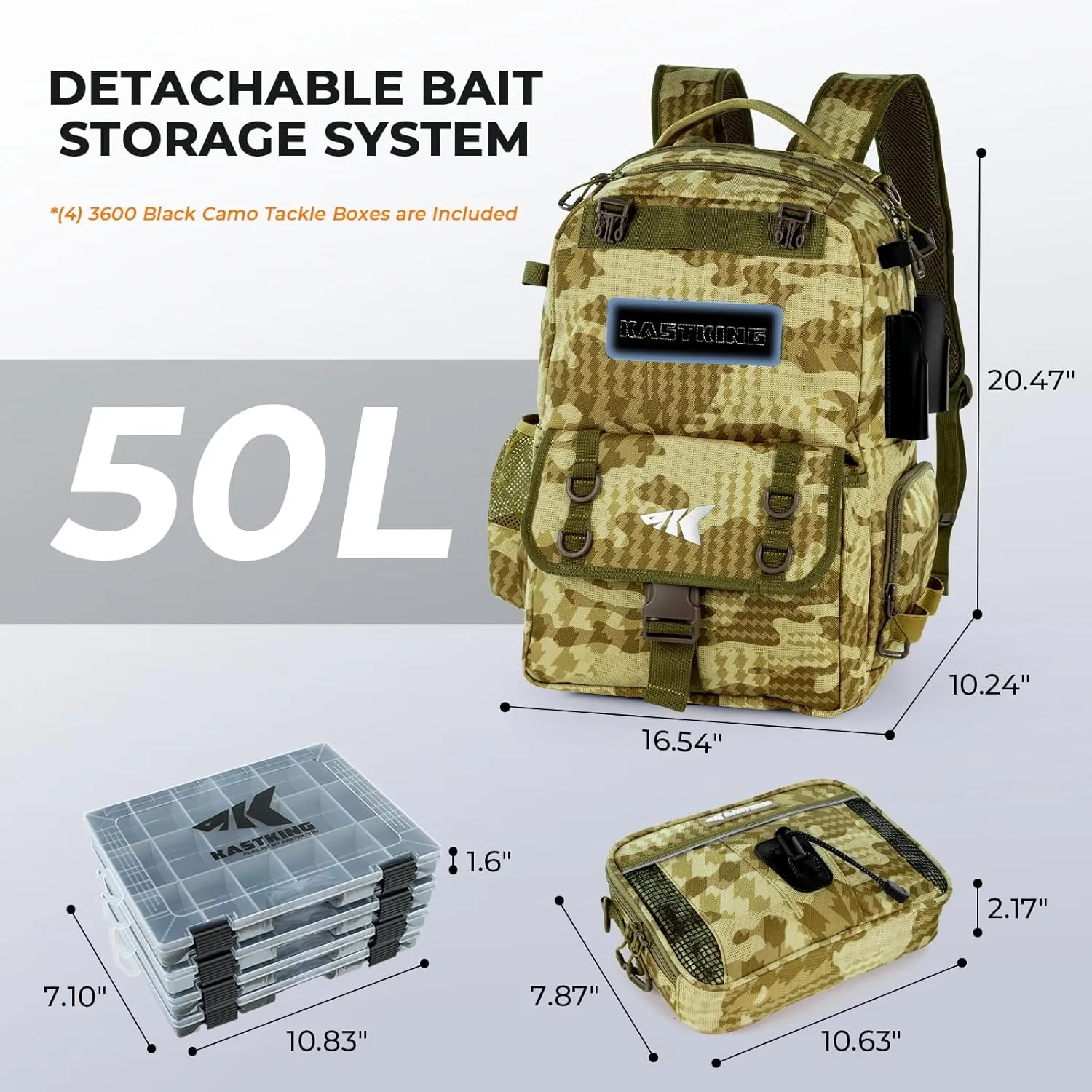 KastKing BaitSpace 50L Fishing Tackle Backpack with Removable Bait Binder & 4 Tackle Boxes, Rod Holders Storage Fishing Gear
