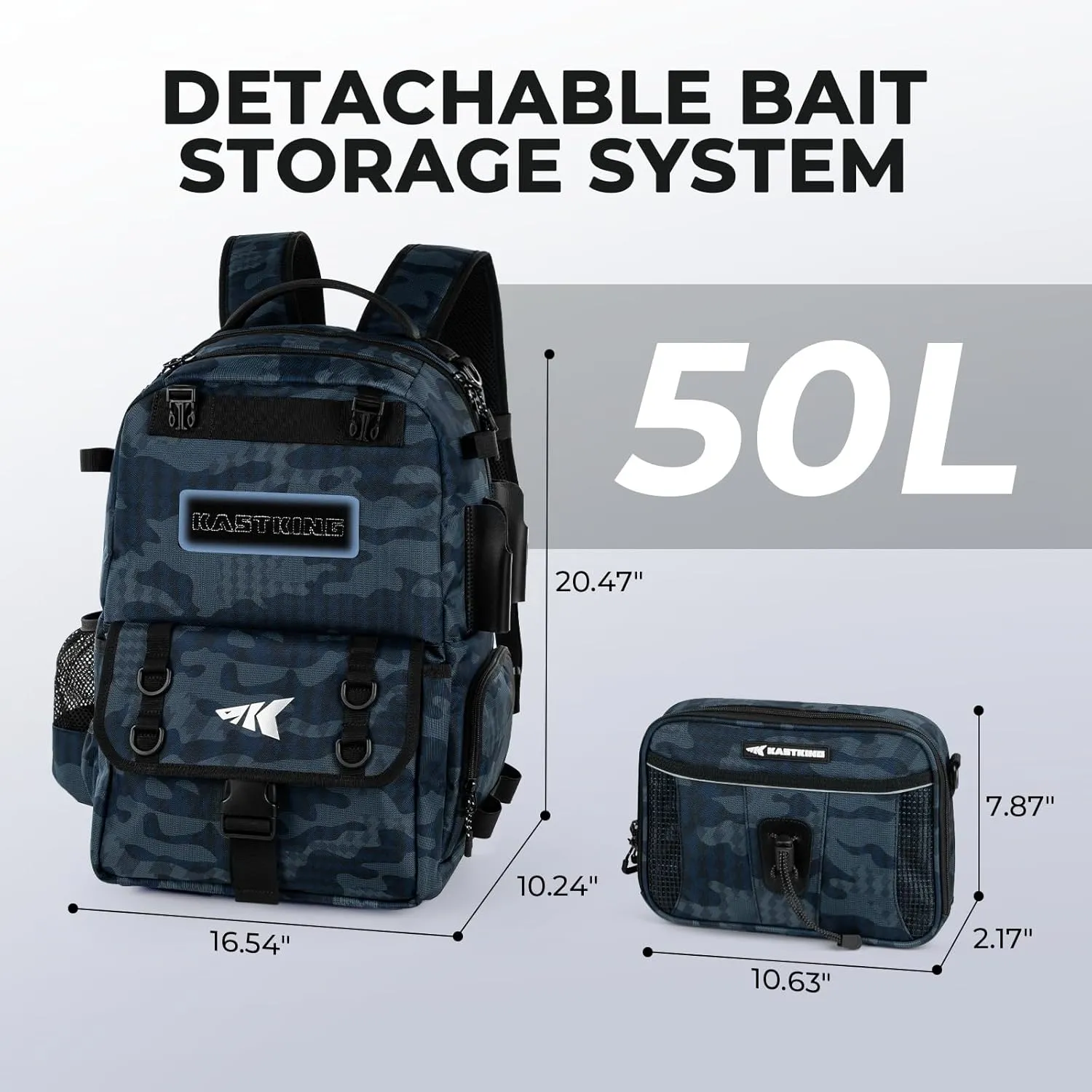 KastKing BaitSpace 50L Fishing Tackle Backpack with Removable Bait Binder & 4 Tackle Boxes, Rod Holders Storage Fishing Gear