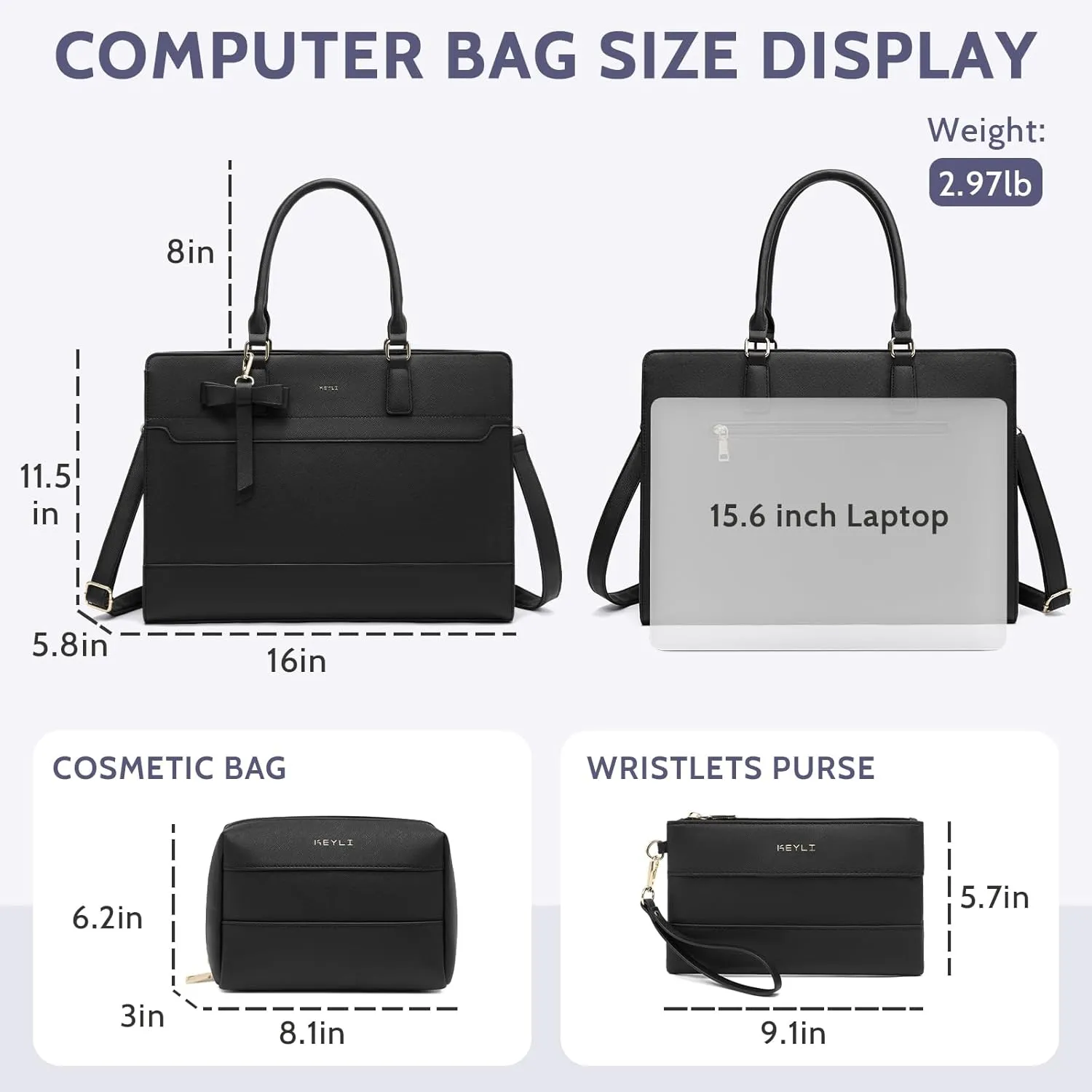 Keyli 3pc Sets Laptop Bag Work Bags for Women,15.6 Inch Leather Tote Bag Professional Computer Briefcase Office Shoulder Bag