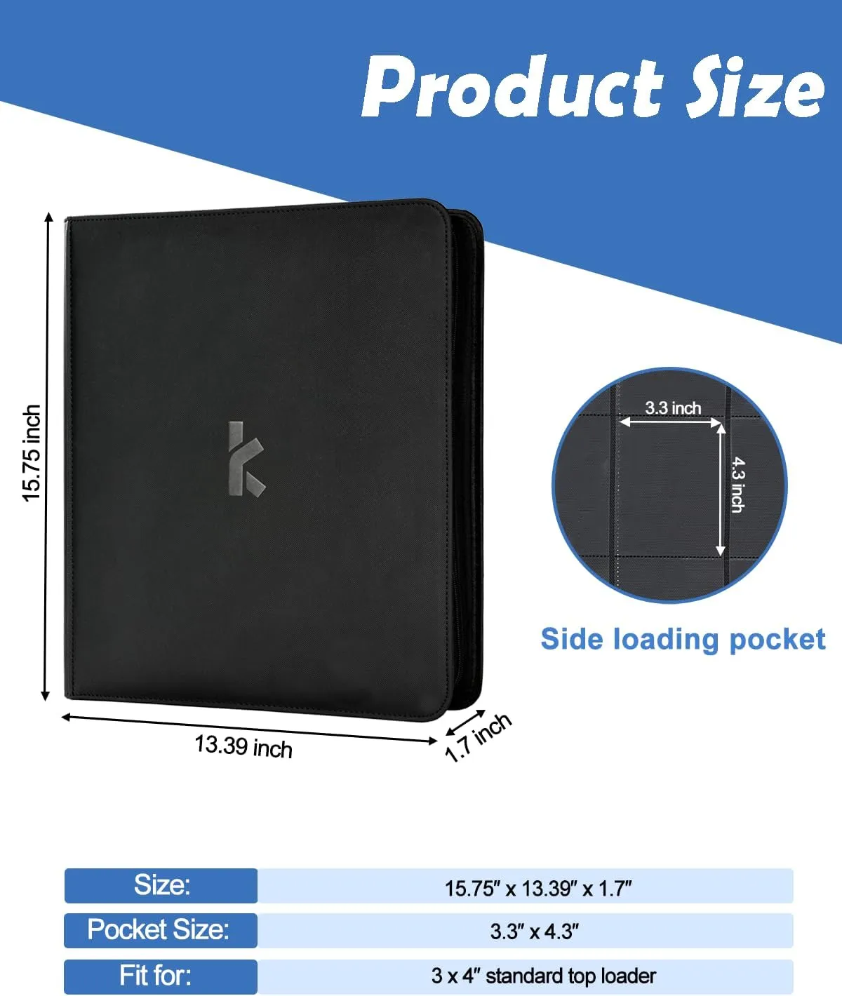 KLEAR Top Loader Binder, Holds 288 Top Loaders, Include 18 Top Loaders and 100 Tabbed Card Sleeves, 9 Pocket Toploader Binders for 3" x 4" Toploader, Zipper and Ringless Trading Card Binder (Black)