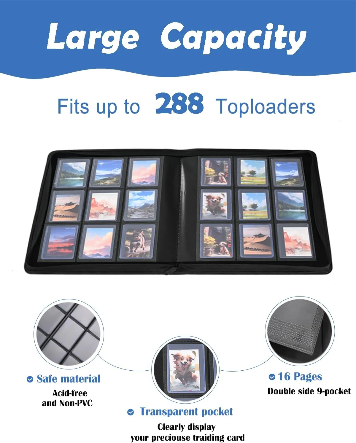 KLEAR Top Loader Binder, Holds 288 Top Loaders, Include 18 Top Loaders and 100 Tabbed Card Sleeves, 9 Pocket Toploader Binders for 3" x 4" Toploader, Zipper and Ringless Trading Card Binder (Black)