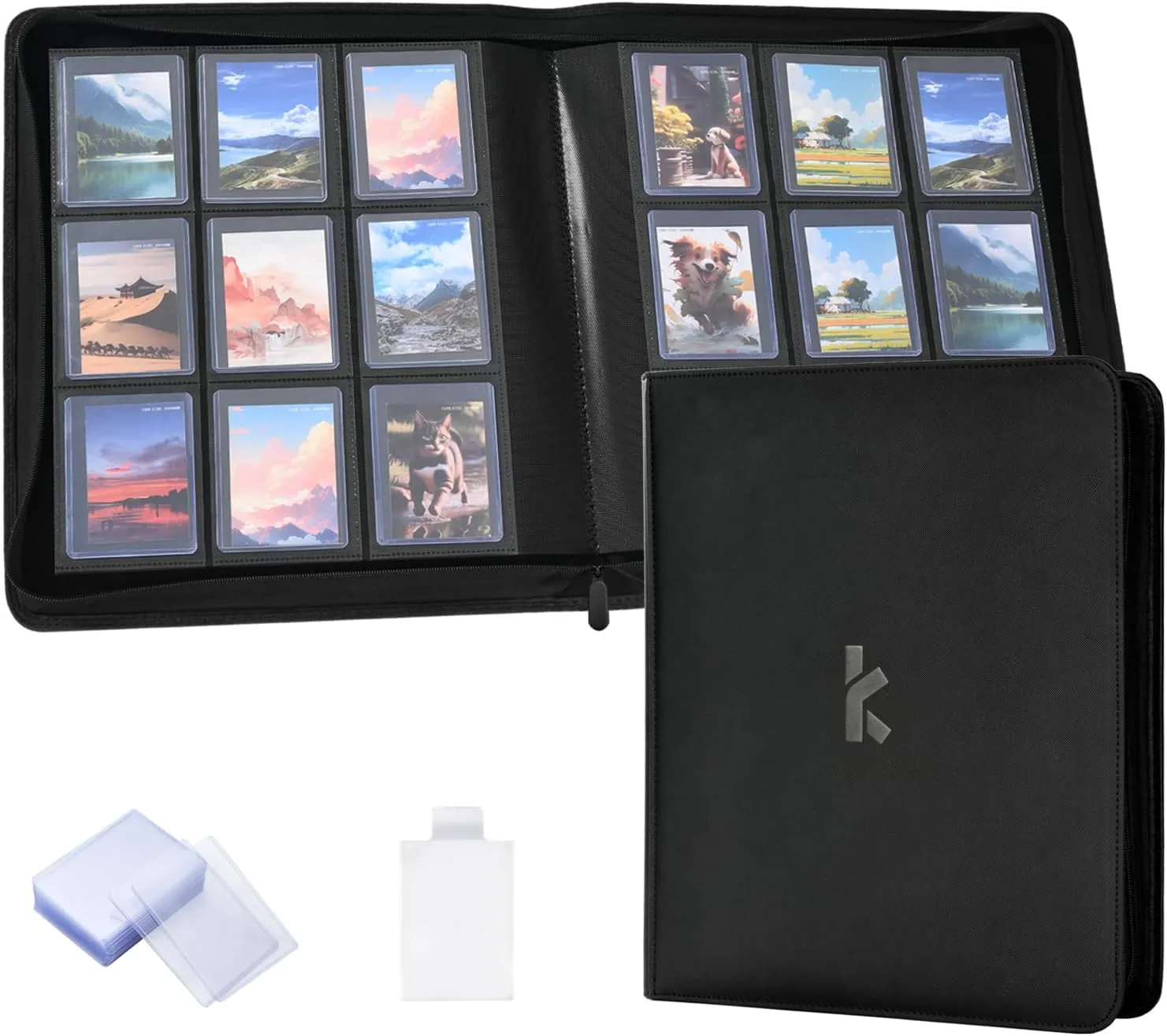KLEAR Top Loader Binder, Holds 288 Top Loaders, Include 18 Top Loaders and 100 Tabbed Card Sleeves, 9 Pocket Toploader Binders for 3" x 4" Toploader, Zipper and Ringless Trading Card Binder (Black)