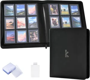 KLEAR Top Loader Binder, Holds 288 Top Loaders, Include 18 Top Loaders and 100 Tabbed Card Sleeves, 9 Pocket Toploader Binders for 3" x 4" Toploader, Zipper and Ringless Trading Card Binder (Black)