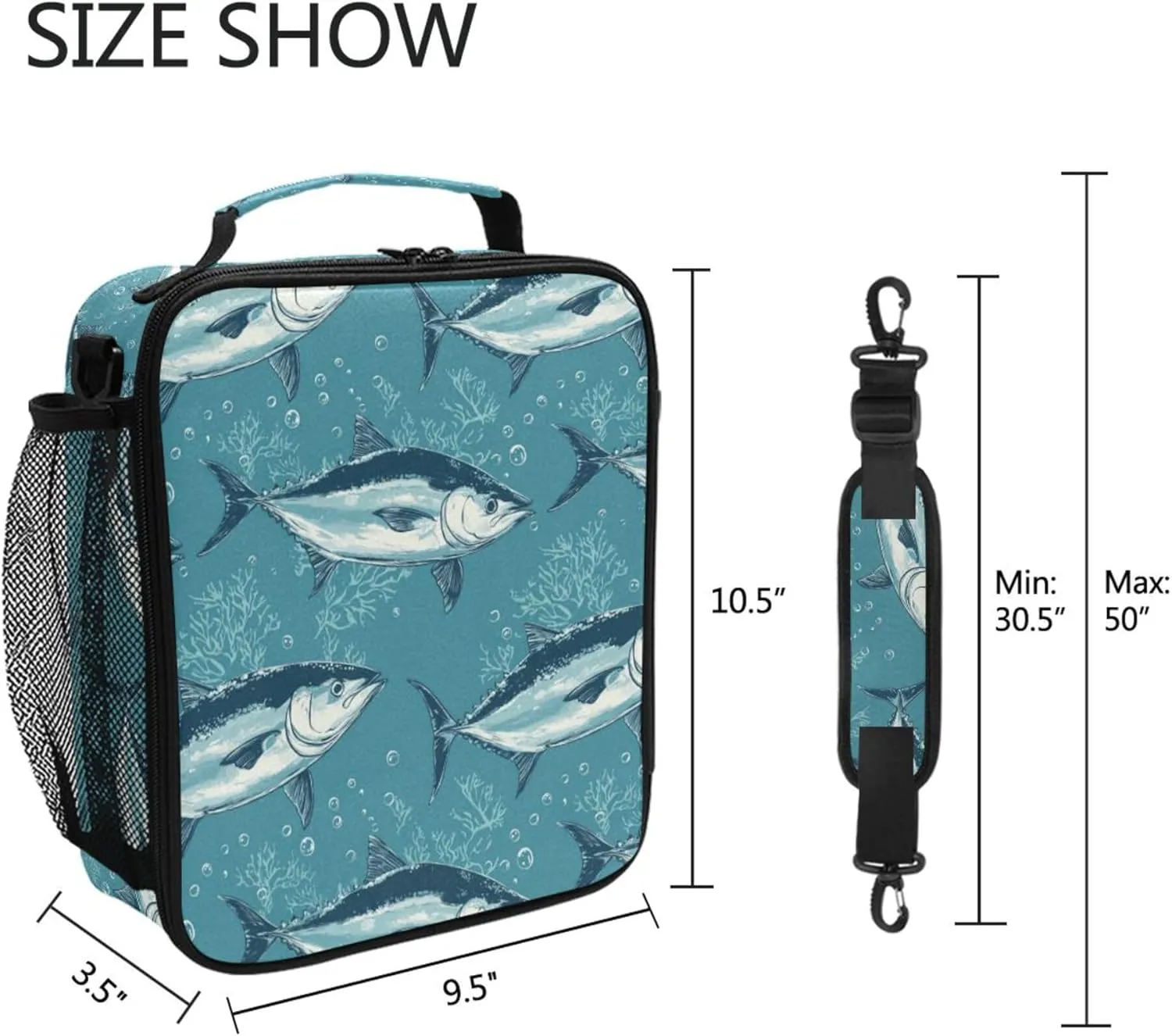 KLL Insulated Lunch Bags for Women Water-Resistant Cooler Bags Insulated with buckle for Picnic Hiking Camping Beauty Bluefin Tuna Fishes