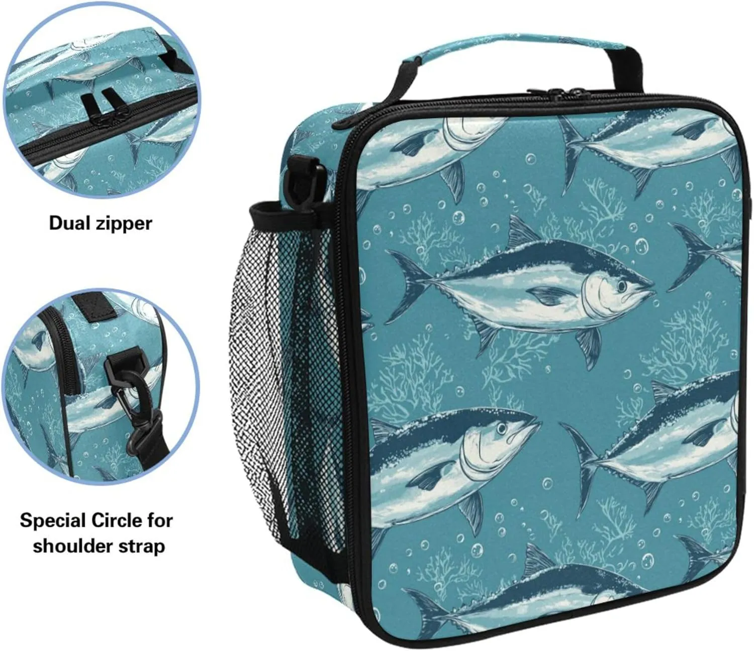 KLL Insulated Lunch Bags for Women Water-Resistant Cooler Bags Insulated with buckle for Picnic Hiking Camping Beauty Bluefin Tuna Fishes