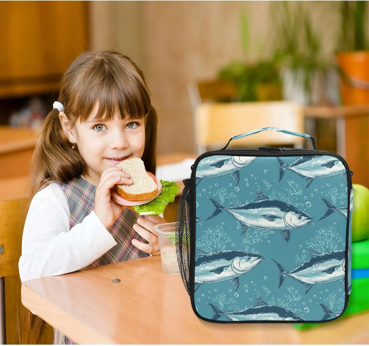 KLL Insulated Lunch Bags for Women Water-Resistant Cooler Bags Insulated with buckle for Picnic Hiking Camping Beauty Bluefin Tuna Fishes