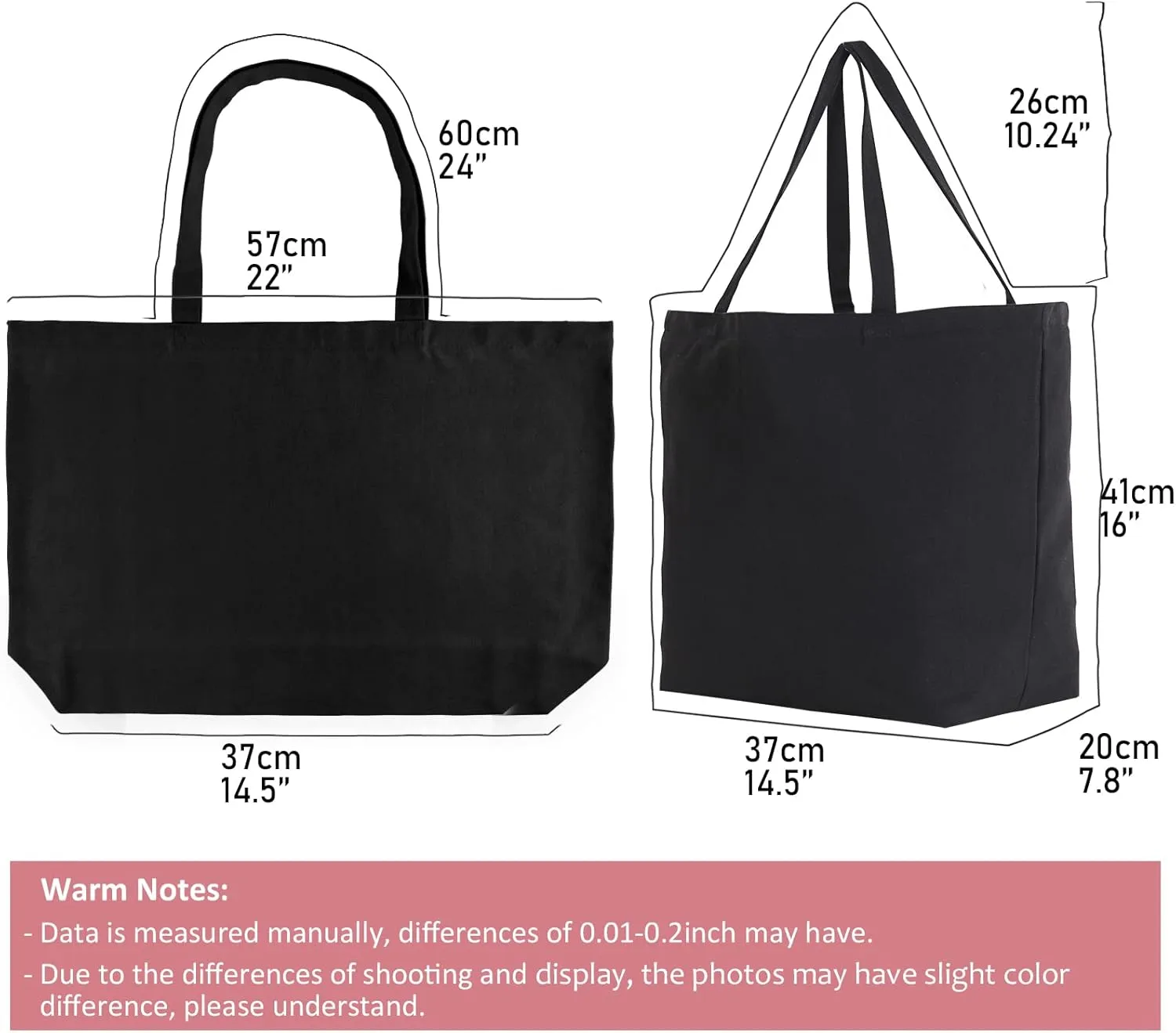 Koolmox 6Pack 22x16x7.8'' 12Oz Heavy Duty Canvas Tote Bag with Zipper, Reinforced Handles Wide Bottom, Large Canvas Bag, Extra Big Grocery Shopping Beach Reusable Totes Bags Vacation Bags Plain Black