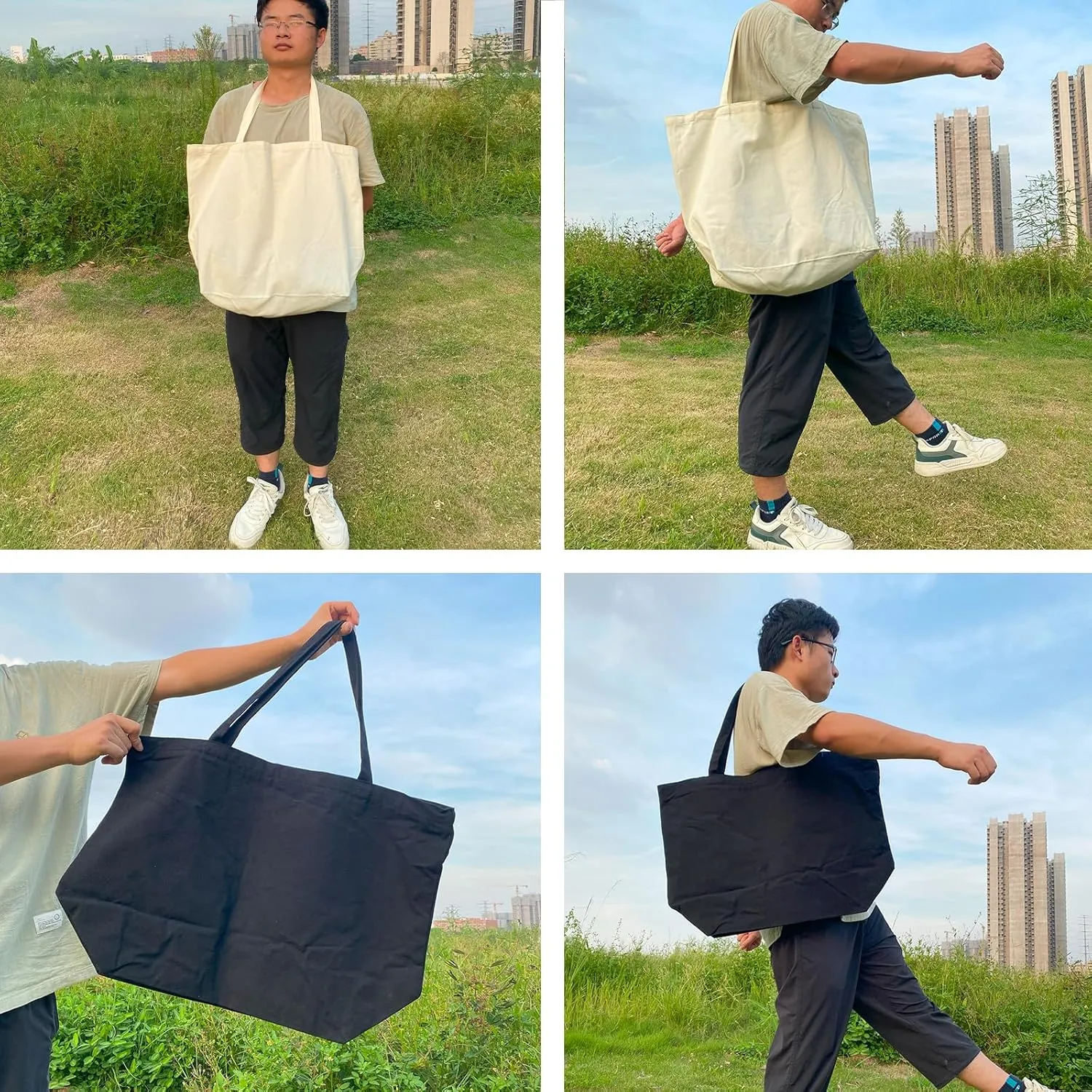 Koolmox 6Pack 22x16x7.8'' 12Oz Heavy Duty Canvas Tote Bag with Zipper, Reinforced Handles Wide Bottom, Large Canvas Bag, Extra Big Grocery Shopping Beach Reusable Totes Bags Vacation Bags Plain Black