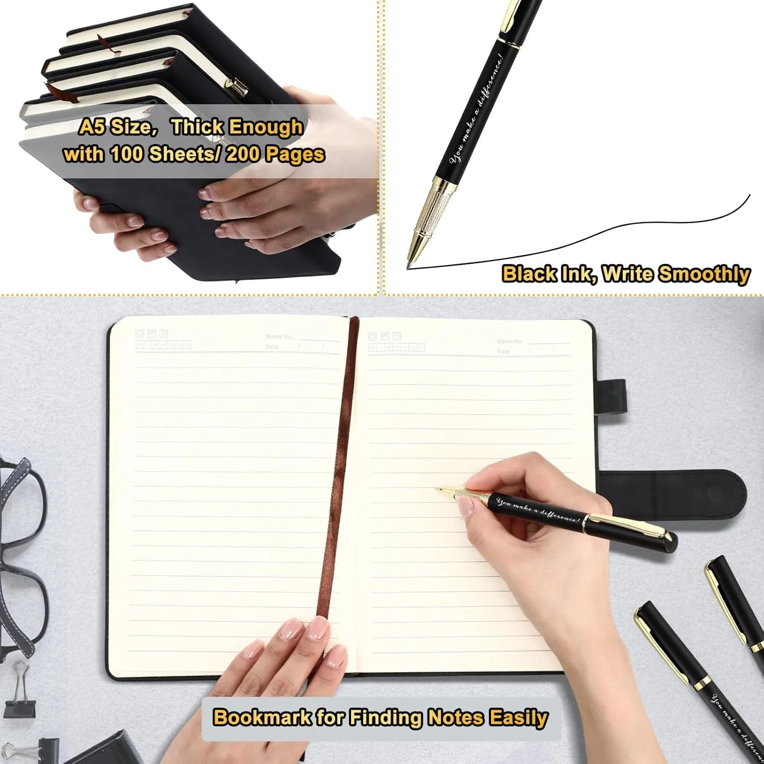 Kosiz 20 Pcs Employee Appreciation Gifts Bulk Inspirational A5 Leather Journal Motivational Notebooks with Pen for Volunteer Teacher Nurse Graduation Fathers Day Gift(Black,Difference Maker)
