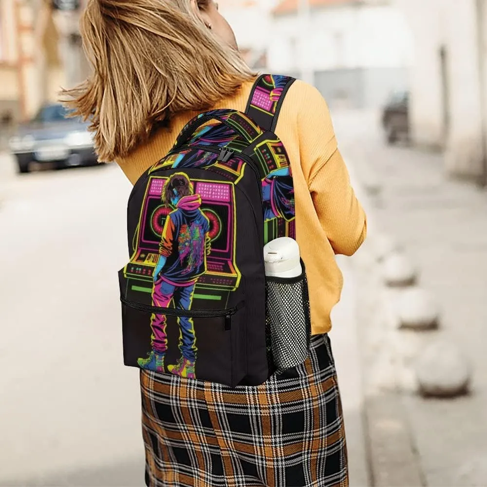 Kuizee Travel Laptop Backpack Business Daypack Work Bookbag Guy Playing Retro Cartoon Hip Hop Neon Style Durable iPad Tablet School College Book Bags Casual Bags for Men and Women