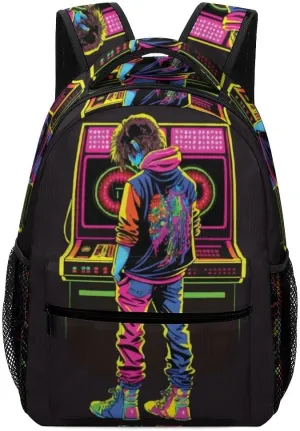 Kuizee Travel Laptop Backpack Business Daypack Work Bookbag Guy Playing Retro Cartoon Hip Hop Neon Style Durable iPad Tablet School College Book Bags Casual Bags for Men and Women